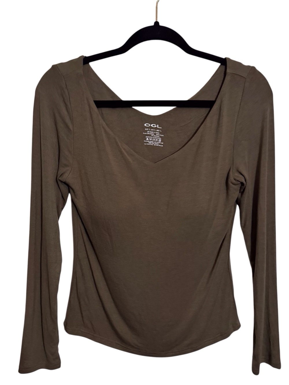 OGL Large Olive Green Built In Bra Top Casual Stretchy V-Neck Long Sleeve